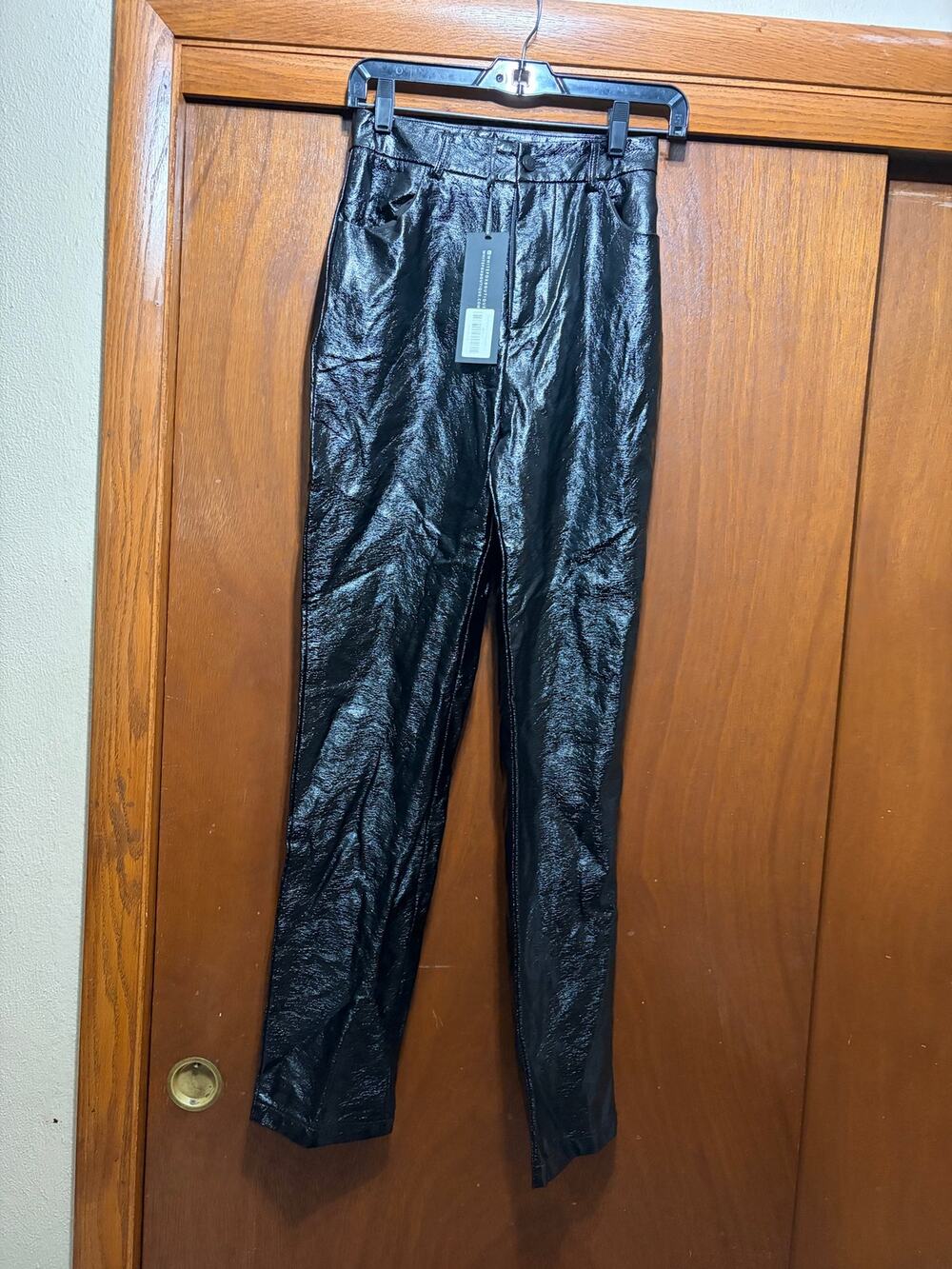 NWT White Fox Boutique Black Faux Leather Coated Straight Leg Pants S